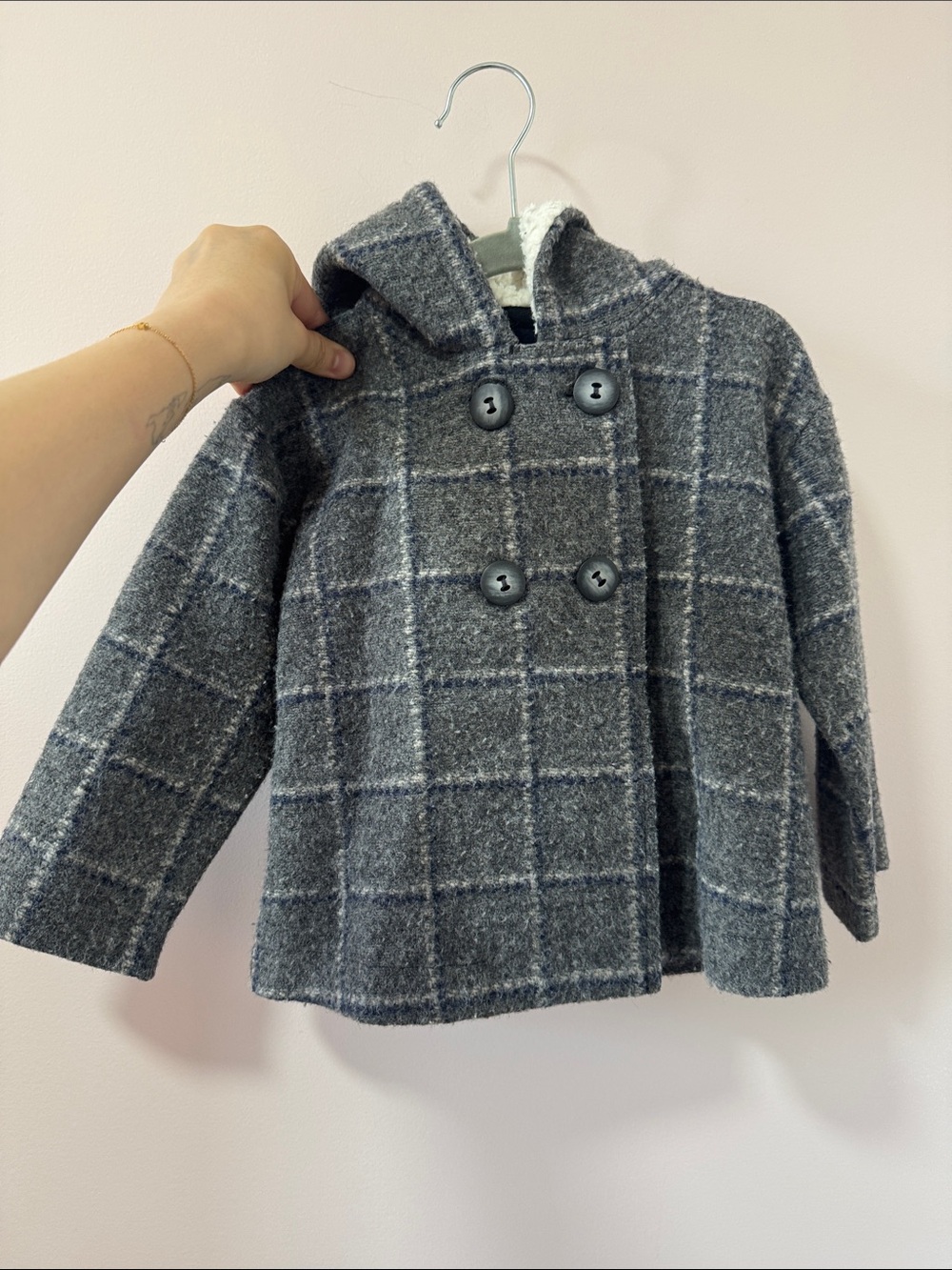 Classic Gray Plaid Hooded Peacoat for Kids